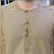 Close-up of a beige kurta collar with embroidered placket and loop buttons
