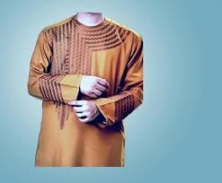 Rust-coloured men's kurta with embroidered chest panel and cuffs